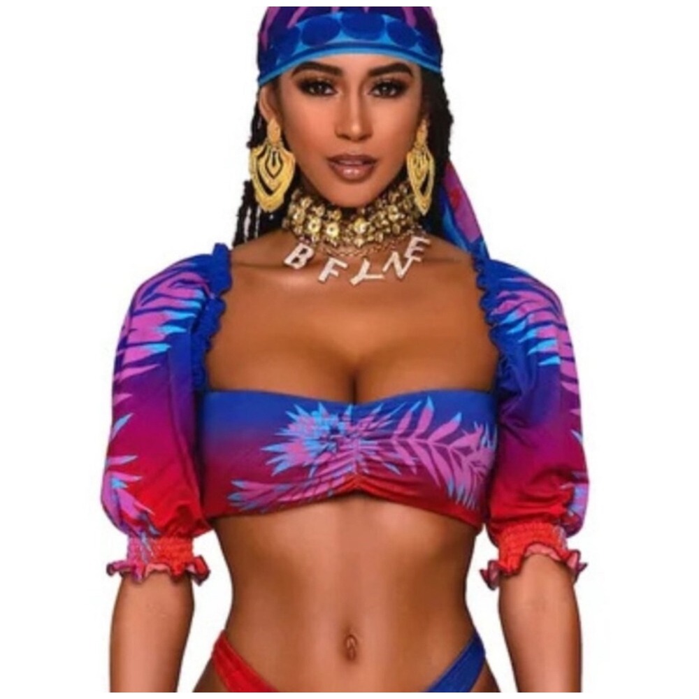 BFYNE Tropical Print‎ Ruched Puff Sleeve Bikini Set XXL